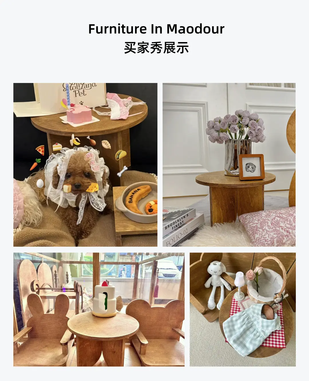 wooden pet furniture decoration in a customer's home - Vintage Round Pet Side Table and Mini Chair Set